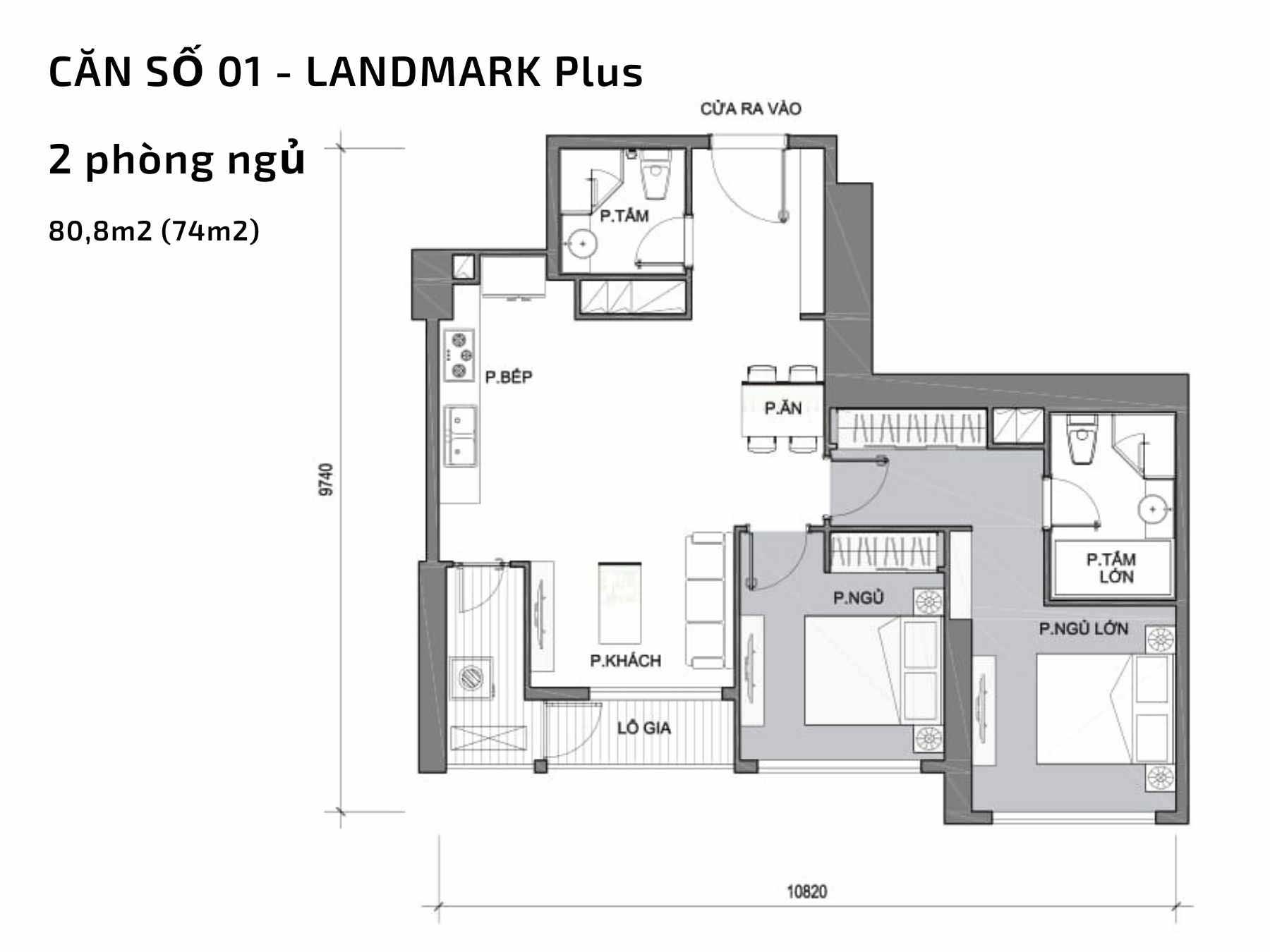 Mặt bằng căn hộ Landmark Plus tham khảo bố trí 2 phòng ngủ